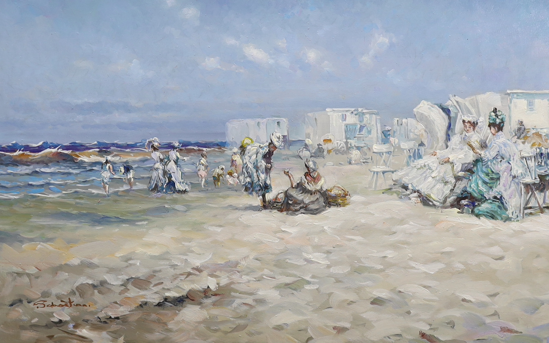 Sebastian, impressionist oil on canvas, Beach scene with figures, signed, 48 x 74cm